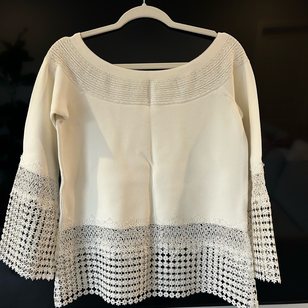 Elie Tahari Cream Crochet Trim Top